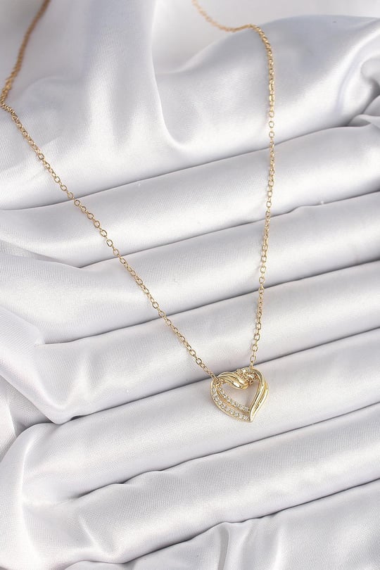 Çelik Gold Renk Zincir Zirkon Taşlı Kalp Model Kadın Kolye