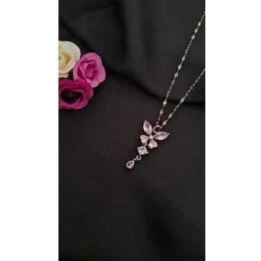 Zirkon Taşlı Pembe Desenli 316L Çelik Kolye
